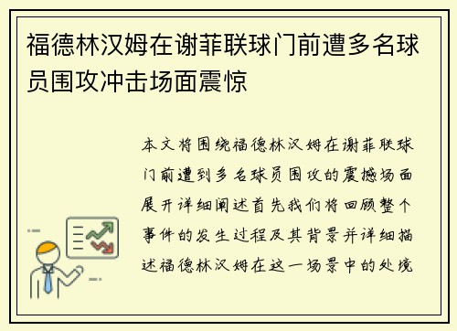 福德林汉姆在谢菲联球门前遭多名球员围攻冲击场面震惊 福德林汉姆在谢菲联球门前遭多名球员围攻冲击场面震惊