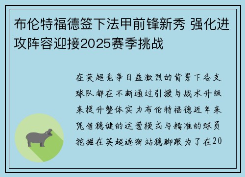 布伦特福德签下法甲前锋新秀 强化进攻阵容迎接2025赛季挑战