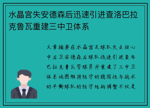 水晶宫失安德森后迅速引进查洛巴拉克鲁瓦重建三中卫体系